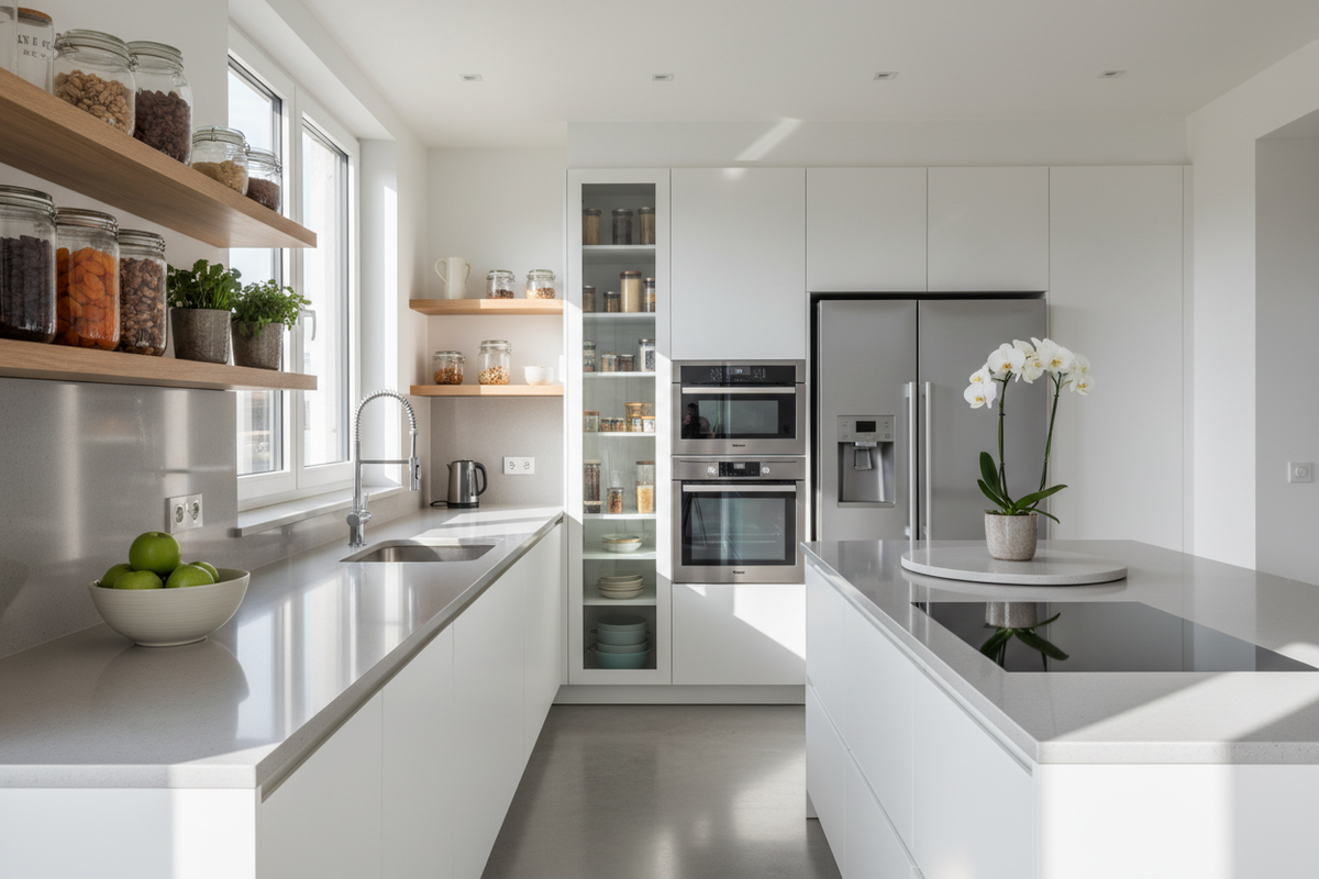 Kitchen counter with fruit bowl and sink