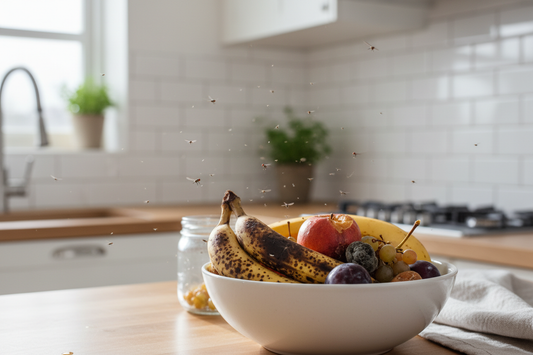 Fruit Flies in a kitchen circling around fruit. How to get rid of fruit flies.