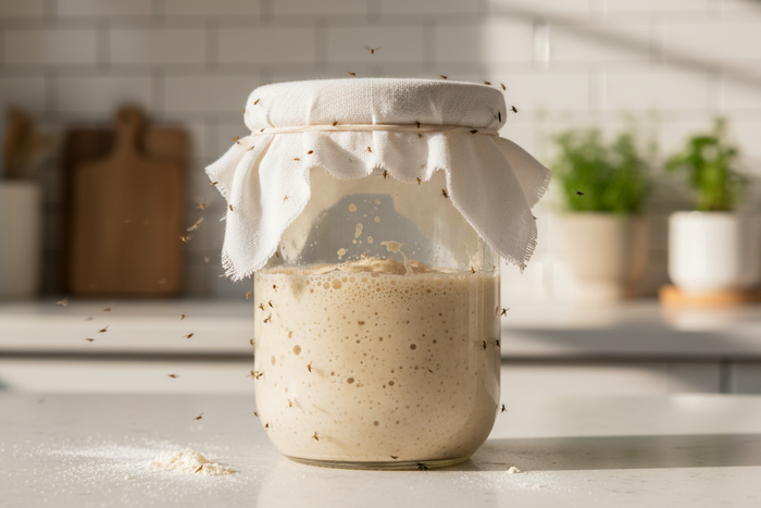 Fruit flies and your sourdough starter: covers that work and a feeding-day routine