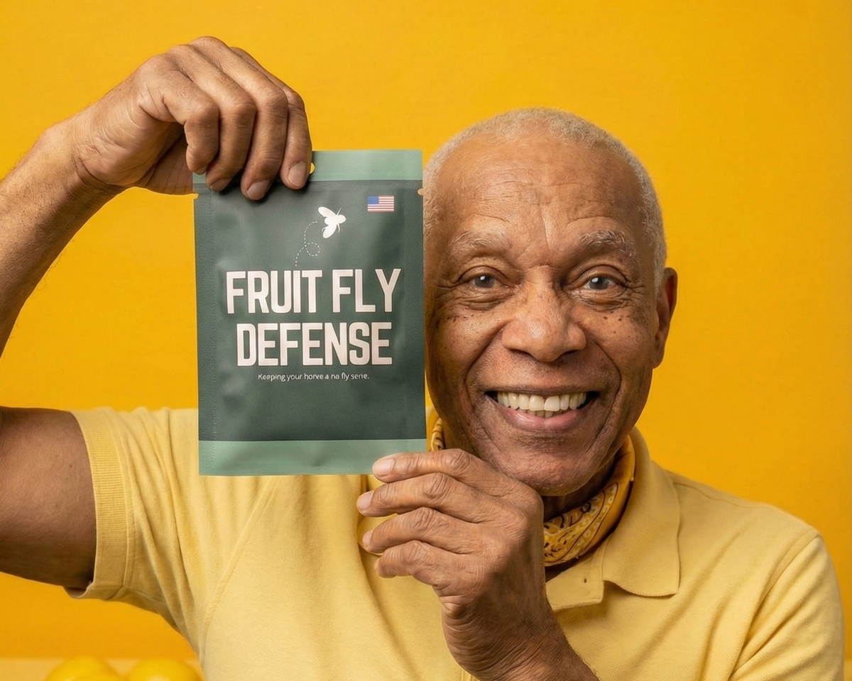 Man holding fruit fly defense in yellow shirt.