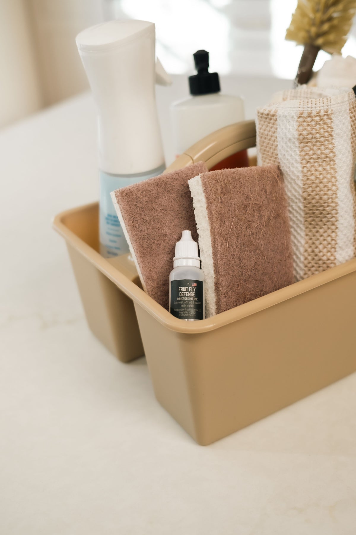 Fruit Fly Defense Sink Drops in a clean kitchen environment — stops fruit flies where they breed most